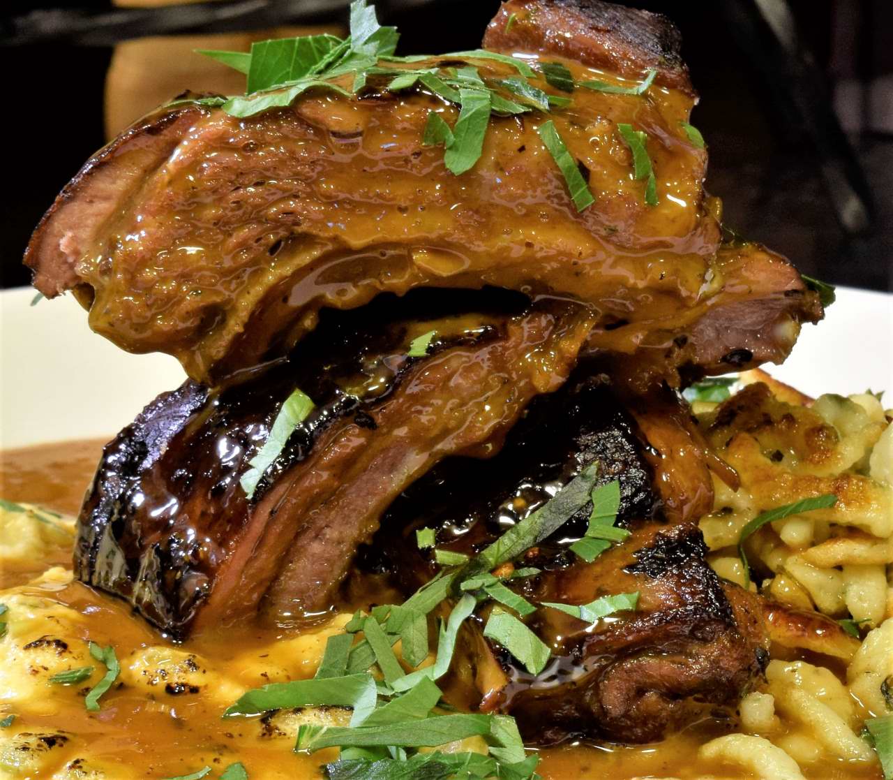 Sous Vide: Boar spare ribs, spaetzle, celery gratin, tamarind butter