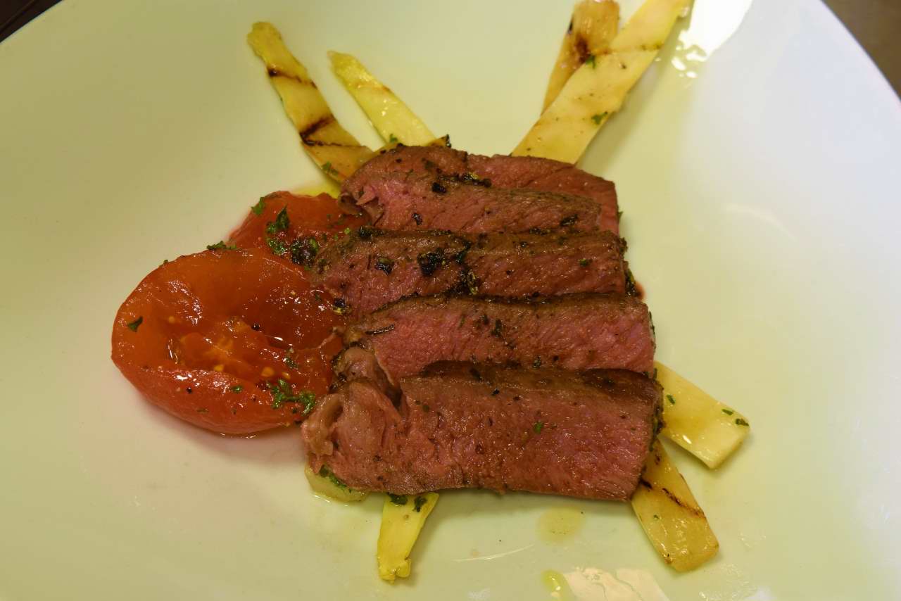 Sous Vide: Herb Crusted Rib Eye with Grilled White Asparagus and Compressed Tomatoes