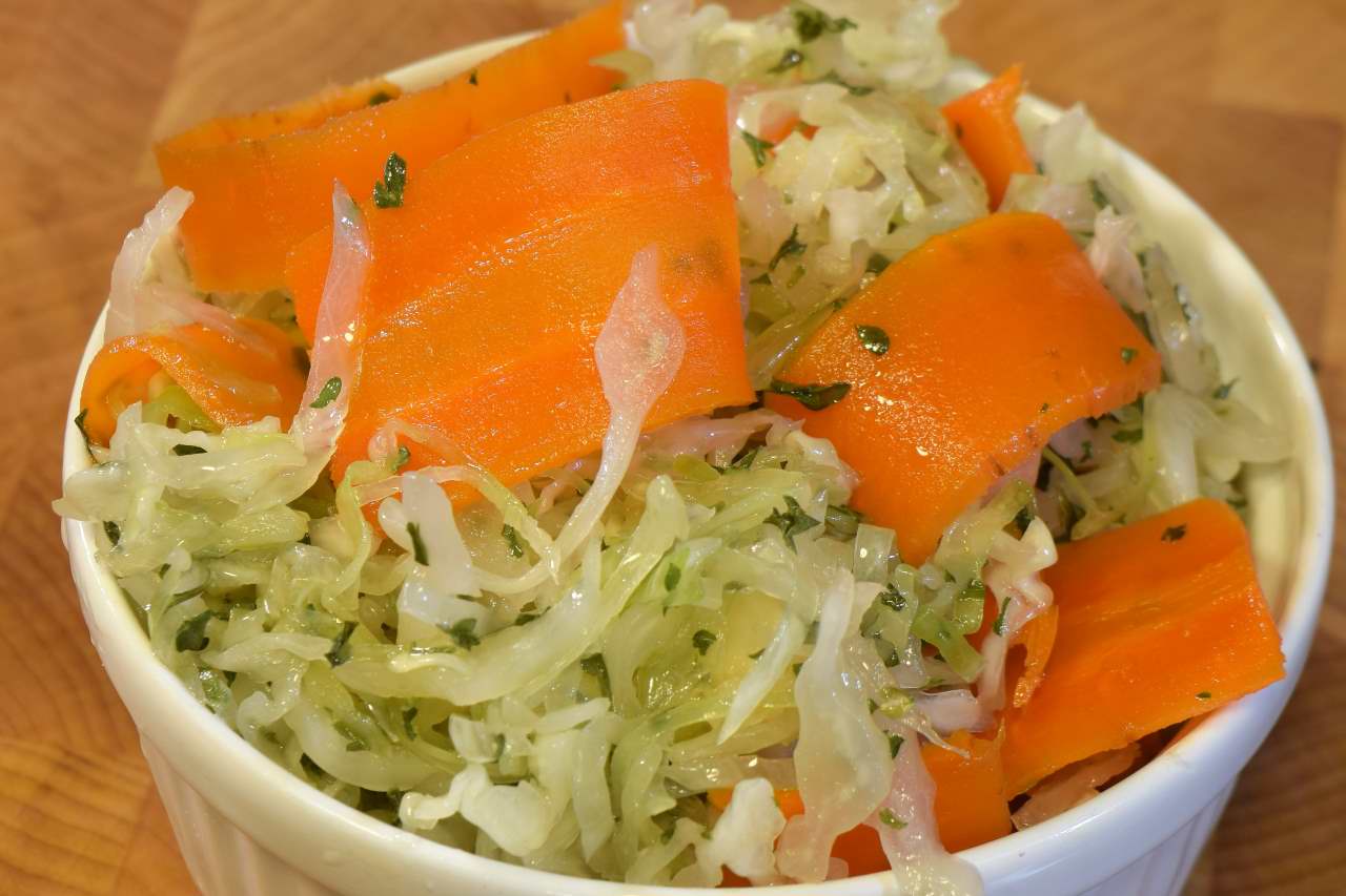 Shredded Cabbage Salad with Sous Vide Carrot Ribbons