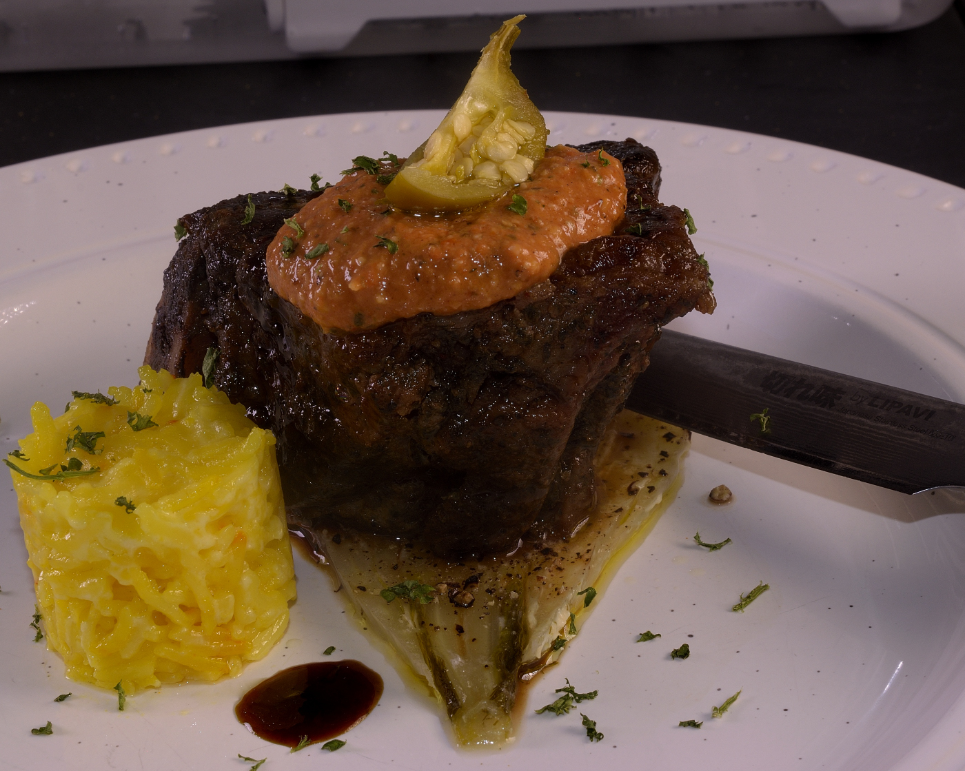 Sous Vide Short Ribs with Pumpkin Seed Romesco, Fennel Bulb and Saffron Rice