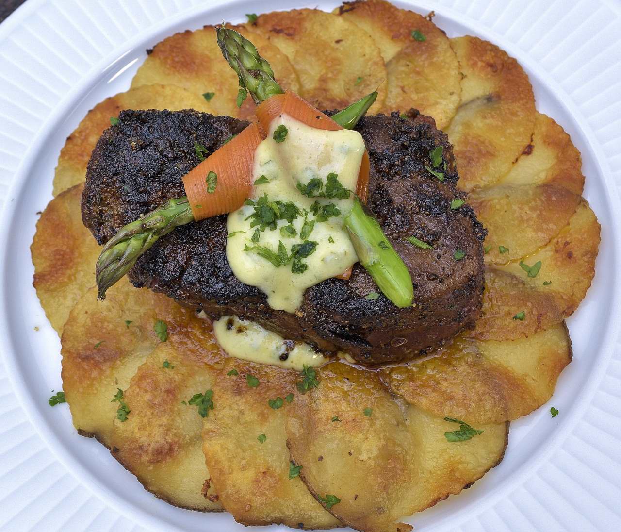 Sous Vide: Pepper Seared Beef Tenderloin, Bearnaise Sauce, Galette Potatoes