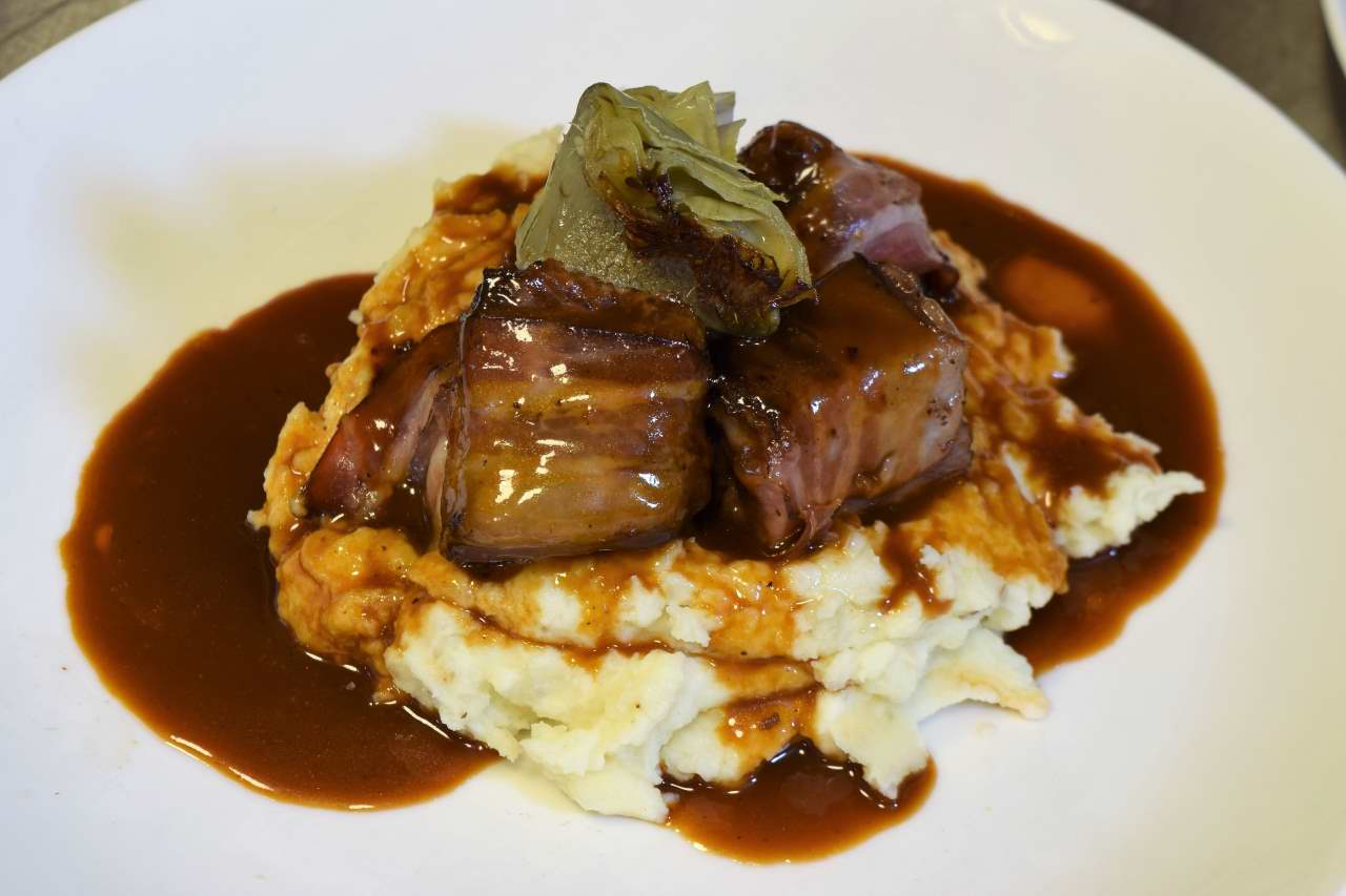 Sous Vide: Bacon Wrapped Short Ribs, Mashed Potatoes, Rich Brown Gravy