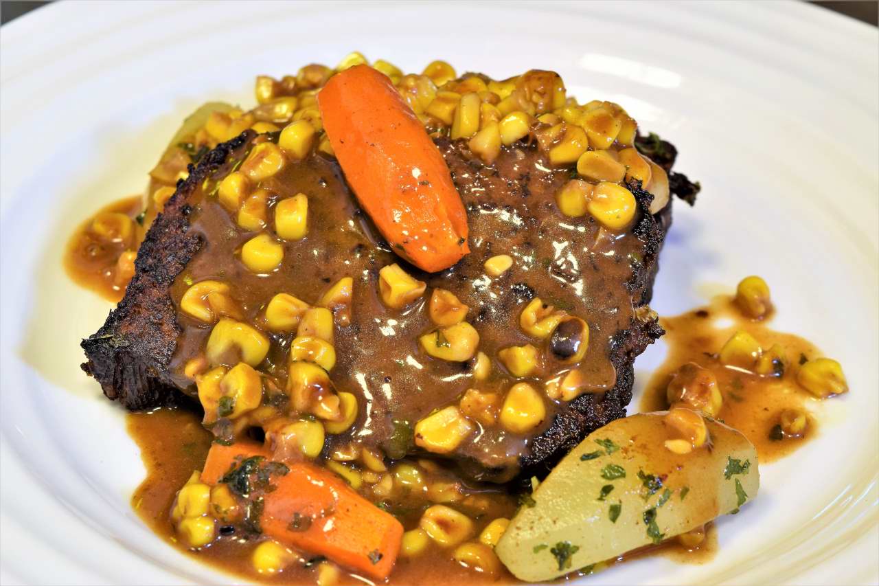 Smoky Studded Meatloaf with White Wine Espagnole Sauce and Roasted Corn