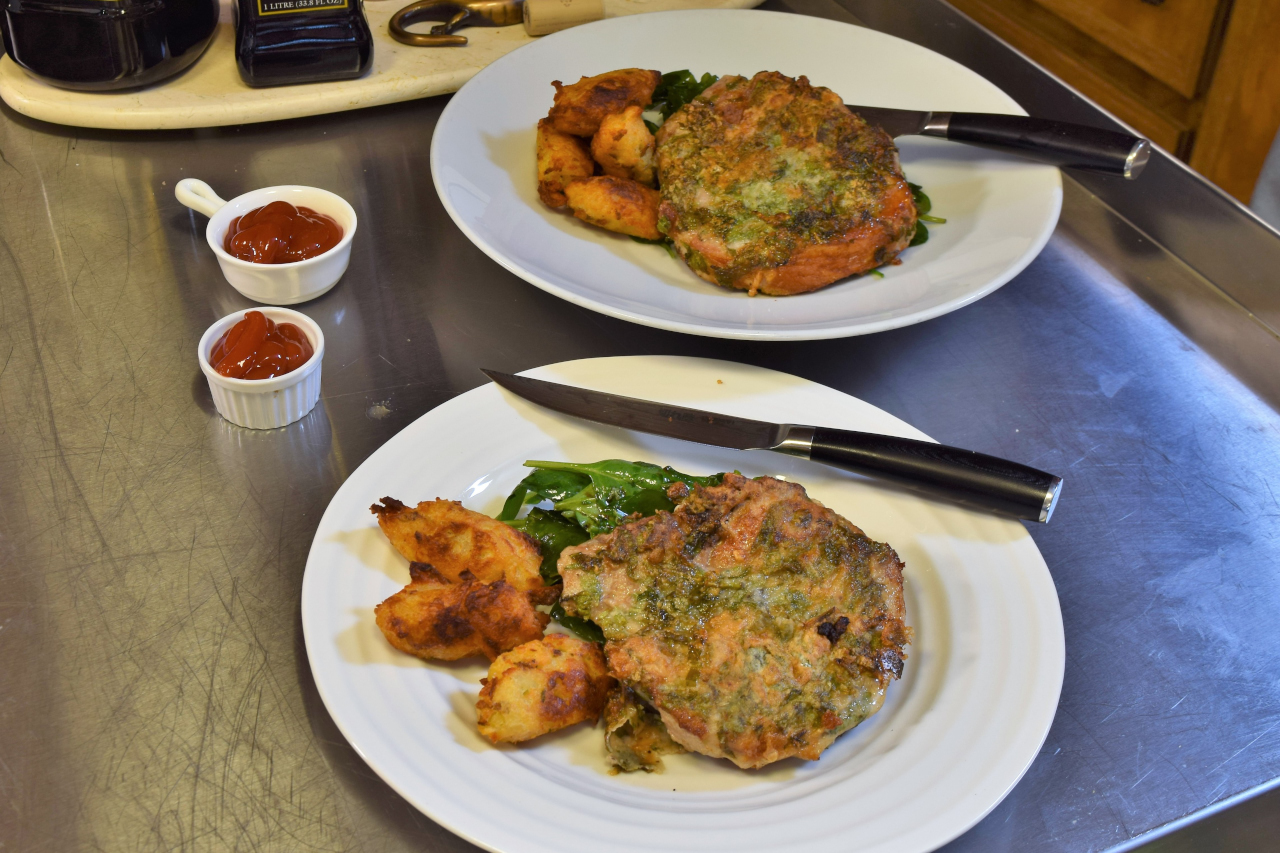 Herb Crusted Pork Chop, Potato Fritters