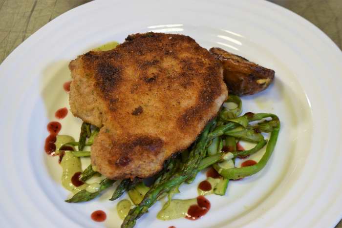 Pan Fried Pork Chop, Sous Vide, Asparagus Ribbons