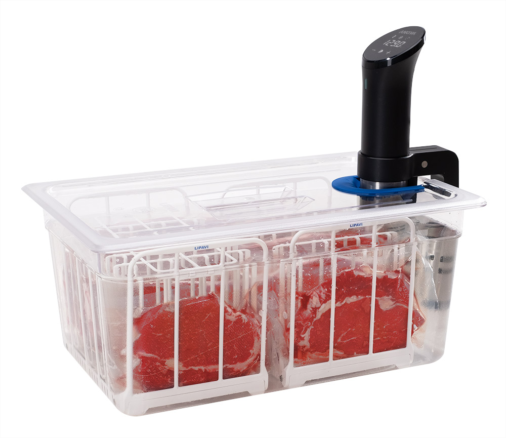 A LIPAVI sous vide kit with neatly organised food pouches and a fitted universal lid